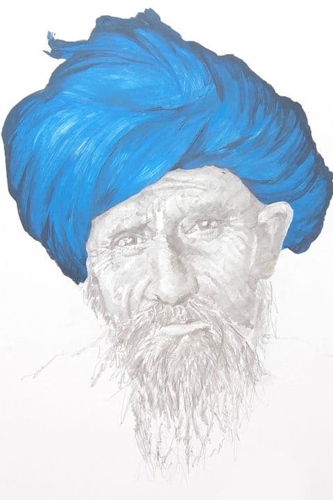 Painted portrait of a man in a blue turban