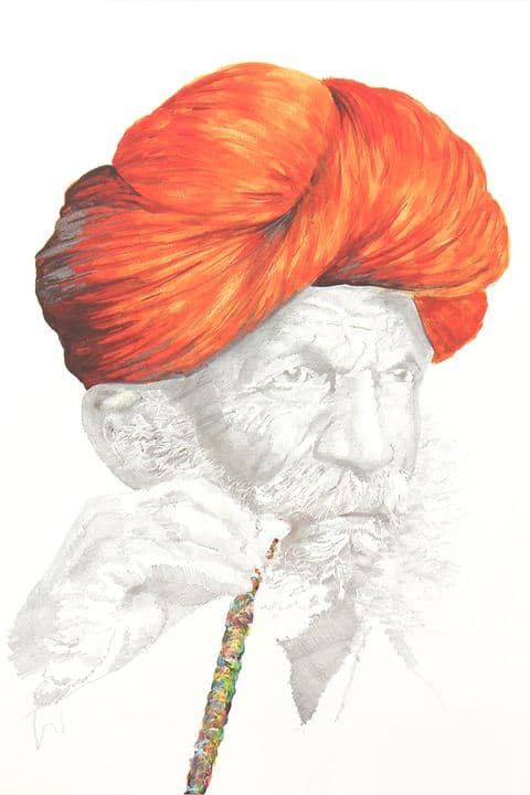 Painted portrait of a man in an orange turban
