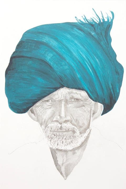 Painted portrait of a man in a turquoise turban