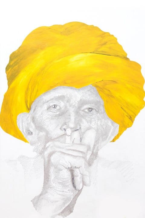 Painted portrait of a man in a yellow turban